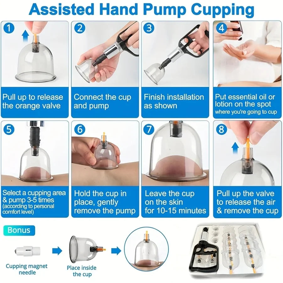 18pcs Set Cupping Relaxation Kit with Hand Pump and Detailed Cupping Manual for Multiple Sizes of Vacuum Cups Massage Cupping