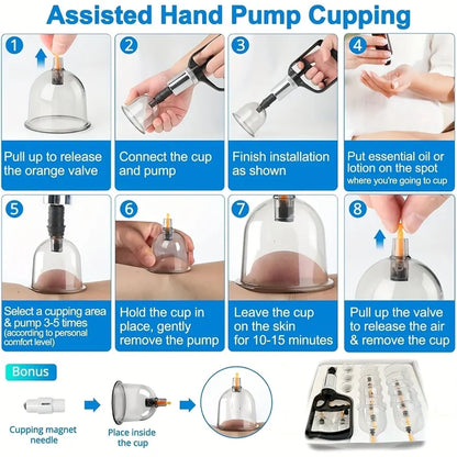 18pcs Set Cupping Relaxation Kit with Hand Pump and Detailed Cupping Manual for Multiple Sizes of Vacuum Cups Massage Cupping