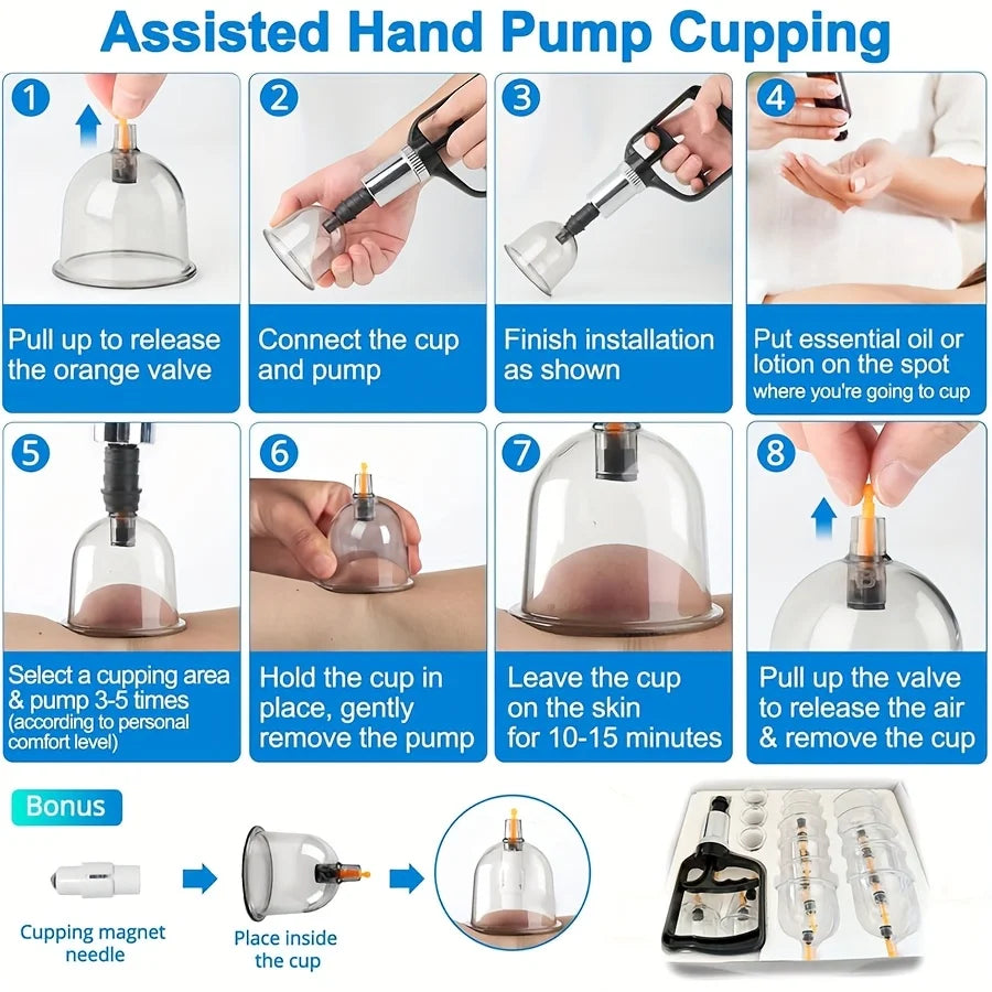 18pcs Set Cupping Relaxation Kit with Hand Pump and Detailed Cupping Manual for Multiple Sizes of Vacuum Cups Massage Cupping