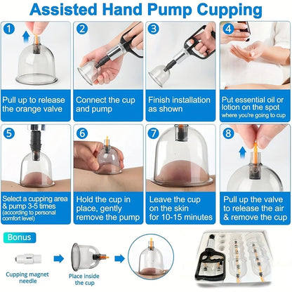 18pcs Set Cupping Relaxation Kit with Hand Pump and Detailed Cupping Manual for Multiple Sizes of Vacuum Cups Massage Cupping